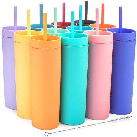 12oz Plastic Cups with Lids & Straws - 10 Pack Reusable Color